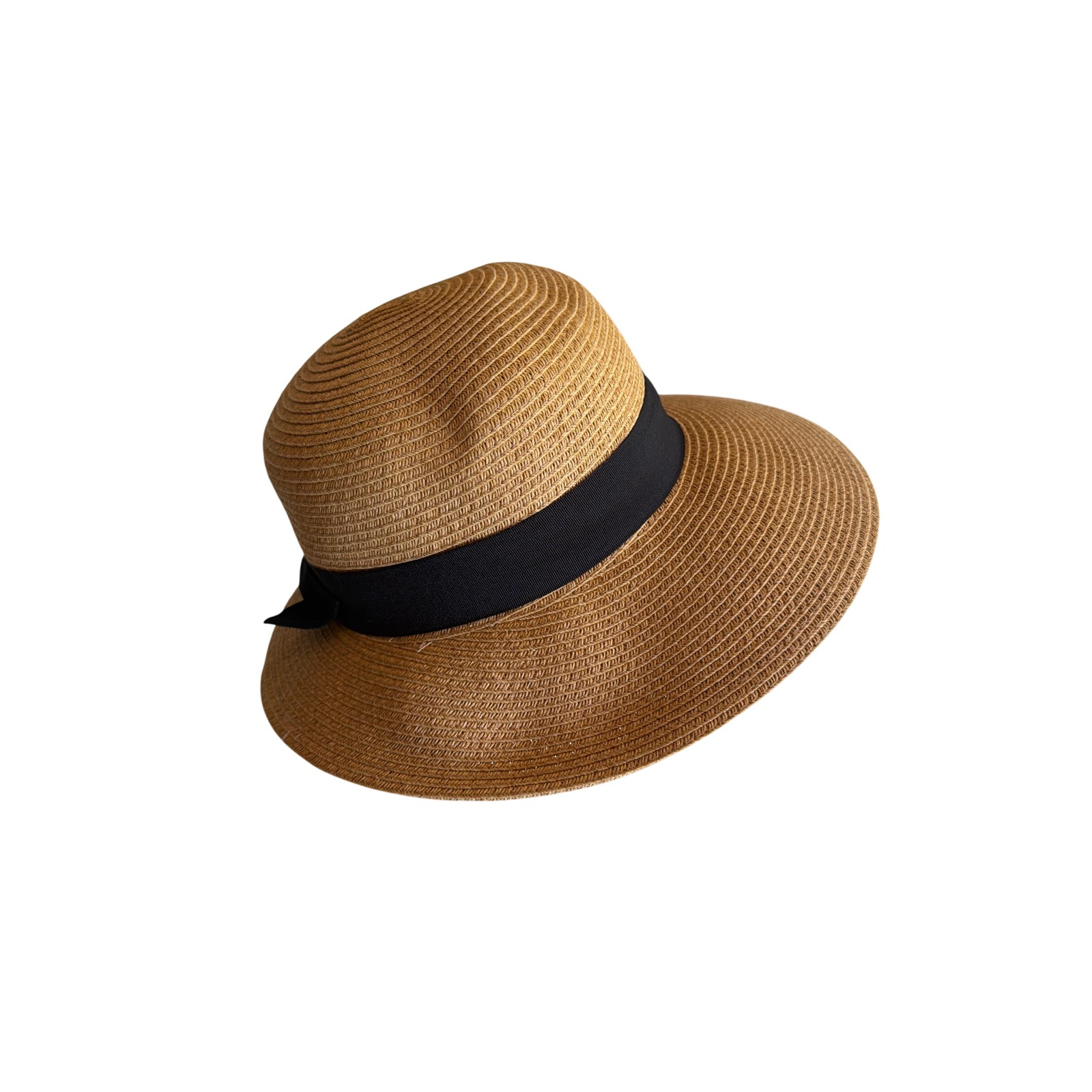 Nine West Sun Hat Tan Paper Straw Wide Brim Black Ribbon Bow Floppy Cloche O/S